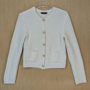 Mango MNG Cardigan Sweater Womens Medium Cream Ribbed Old Money Heritage Preppy